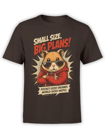 Brown cat T-shirt with sunglasses, red hoodie, and “Small Size, Big Plans!” retro graphic