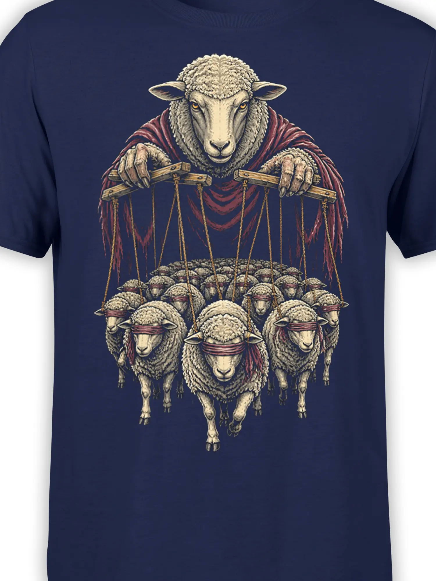 Close-up of the sheep puppet master and blindfolded flock design printed on a navy T-shirt