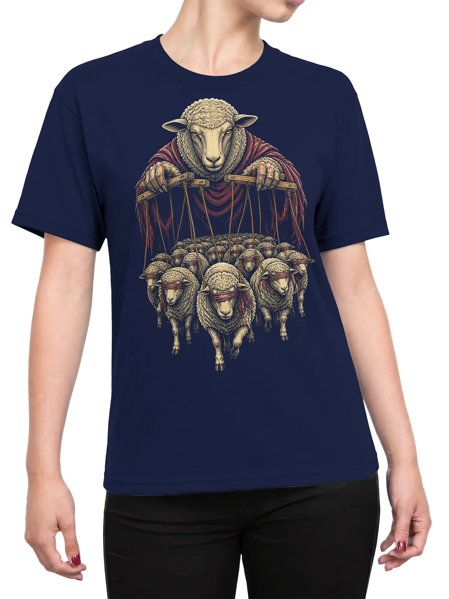 Female torso wearing a navy T-shirt with a vintage sheep puppet master and blindfolded flock design