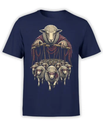 Flockmaster sheep design showing a commanding sheep controlling blindfolded sheep on a navy T-shirt