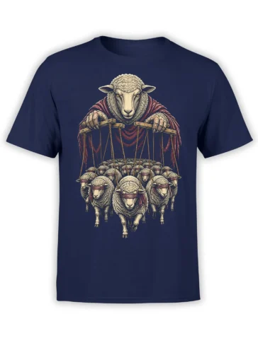 Flockmaster sheep design showing a commanding sheep controlling blindfolded sheep on a navy T-shirt