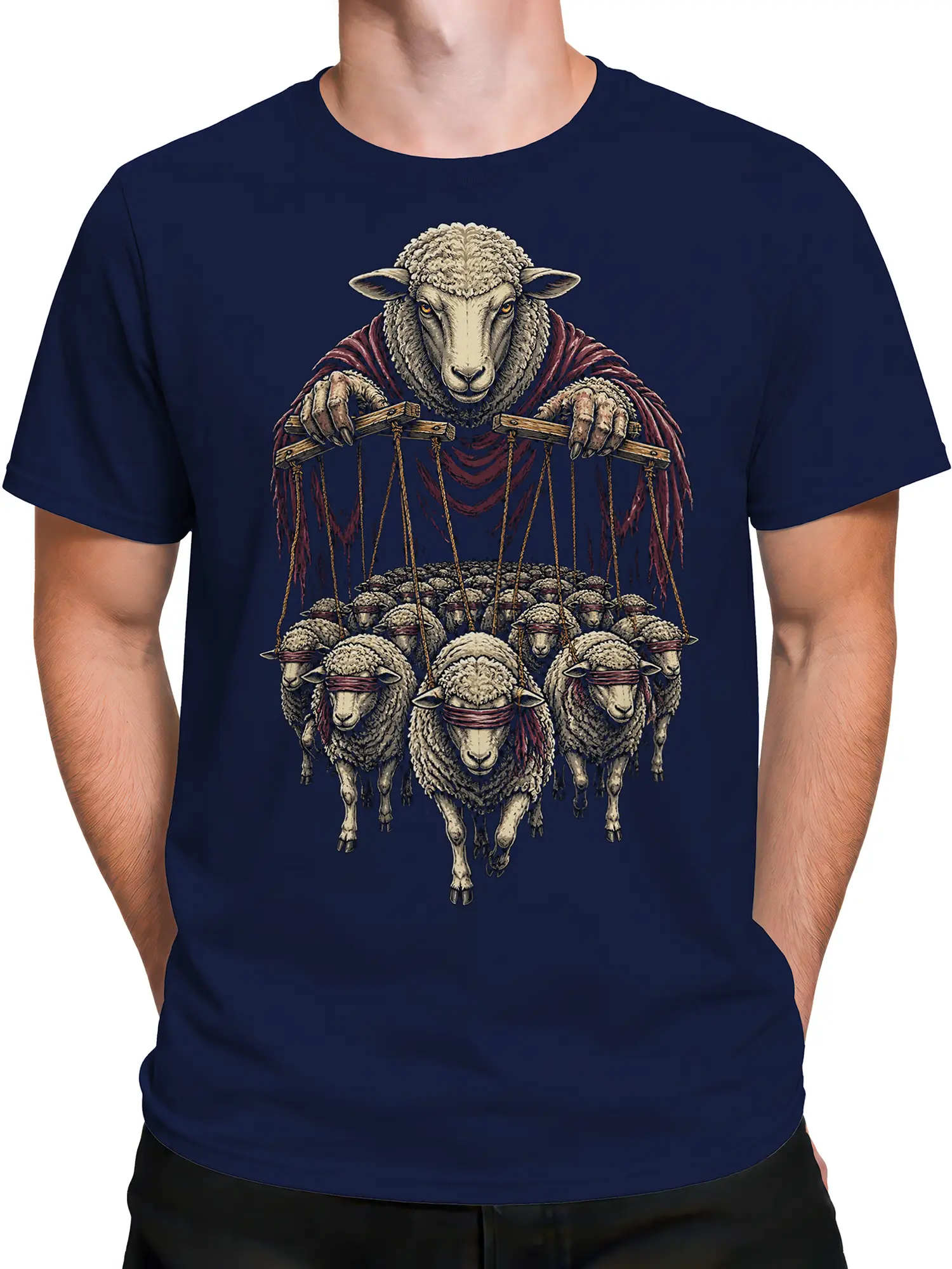Male torso wearing a navy T-shirt with a mysterious sheep flock puppet design