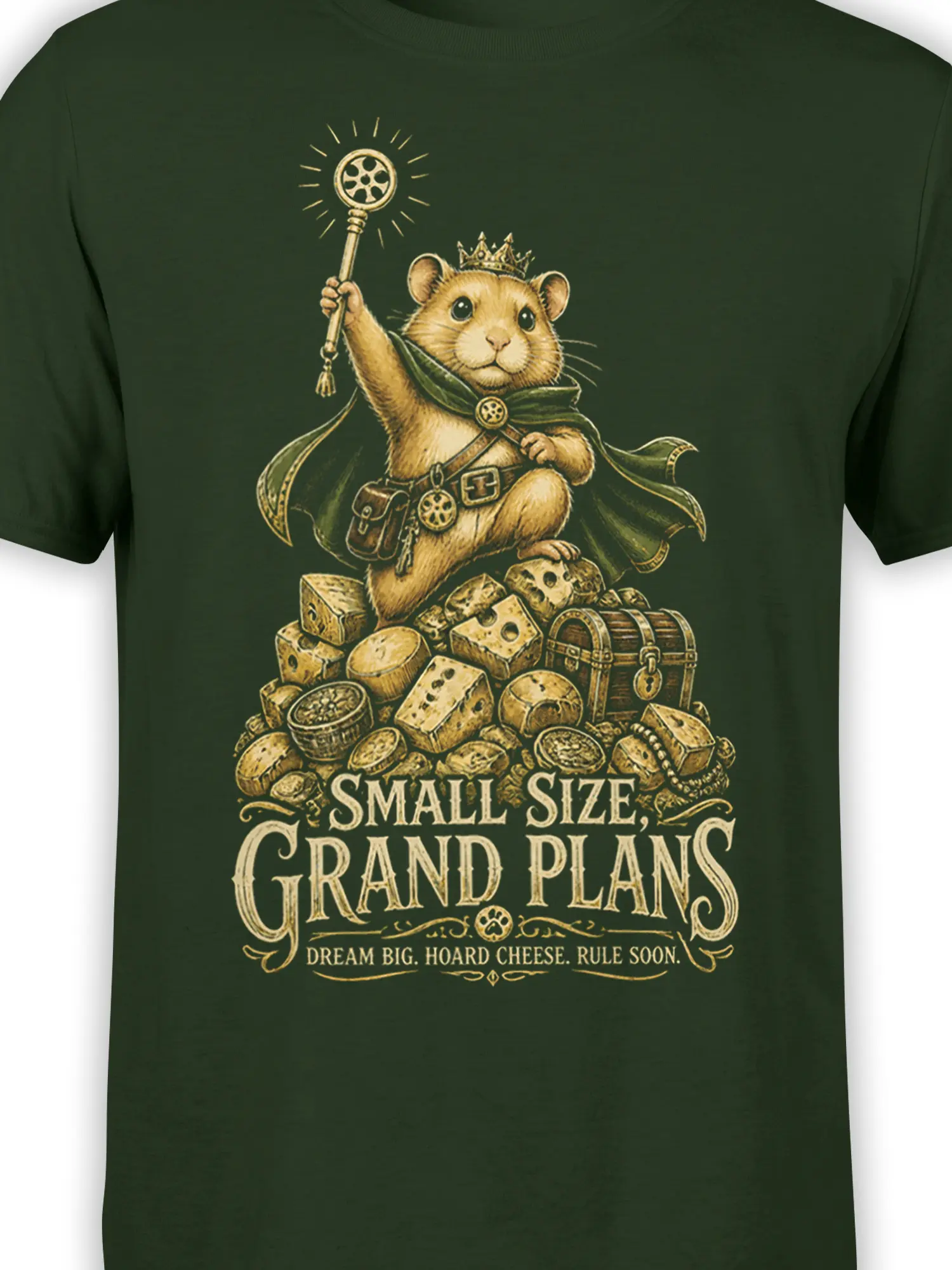 Close-up of crowned mouse adventurer, magic wand, cheese, treasure, and vintage lettering on a dark green shirt