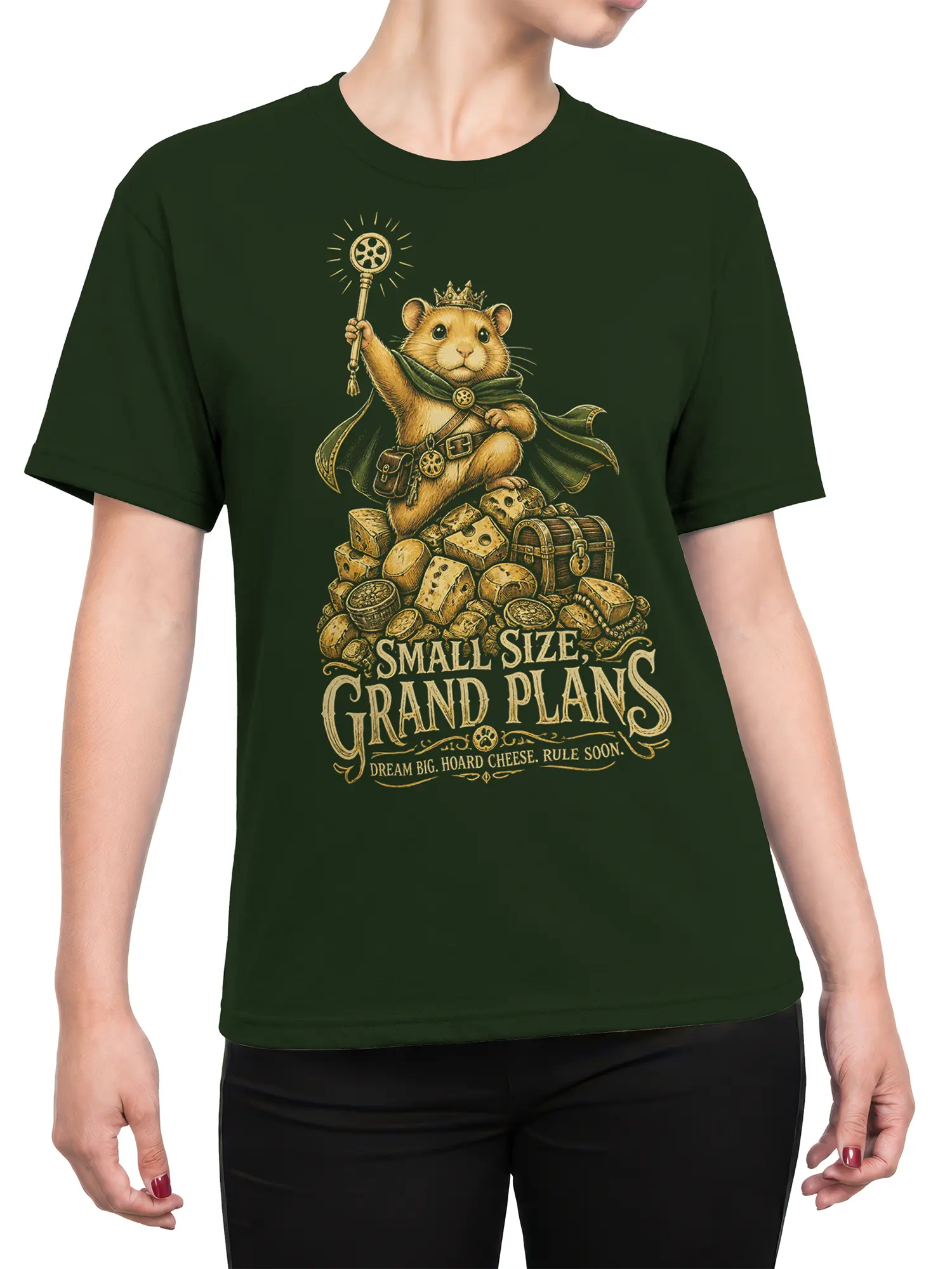 Female torso wearing a dark green shirt with crowned mouse, cheese, treasure, and fantasy grand plans artwork