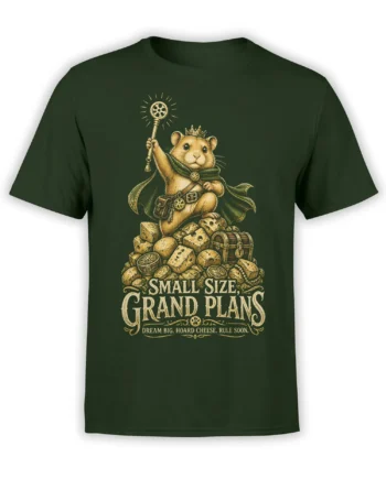 Crowned mouse fantasy design with magic wand, cheese, treasure, and grand plans text on a dark green shirt