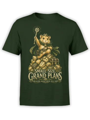 Crowned mouse fantasy design with magic wand, cheese, treasure, and grand plans text on a dark green shirt