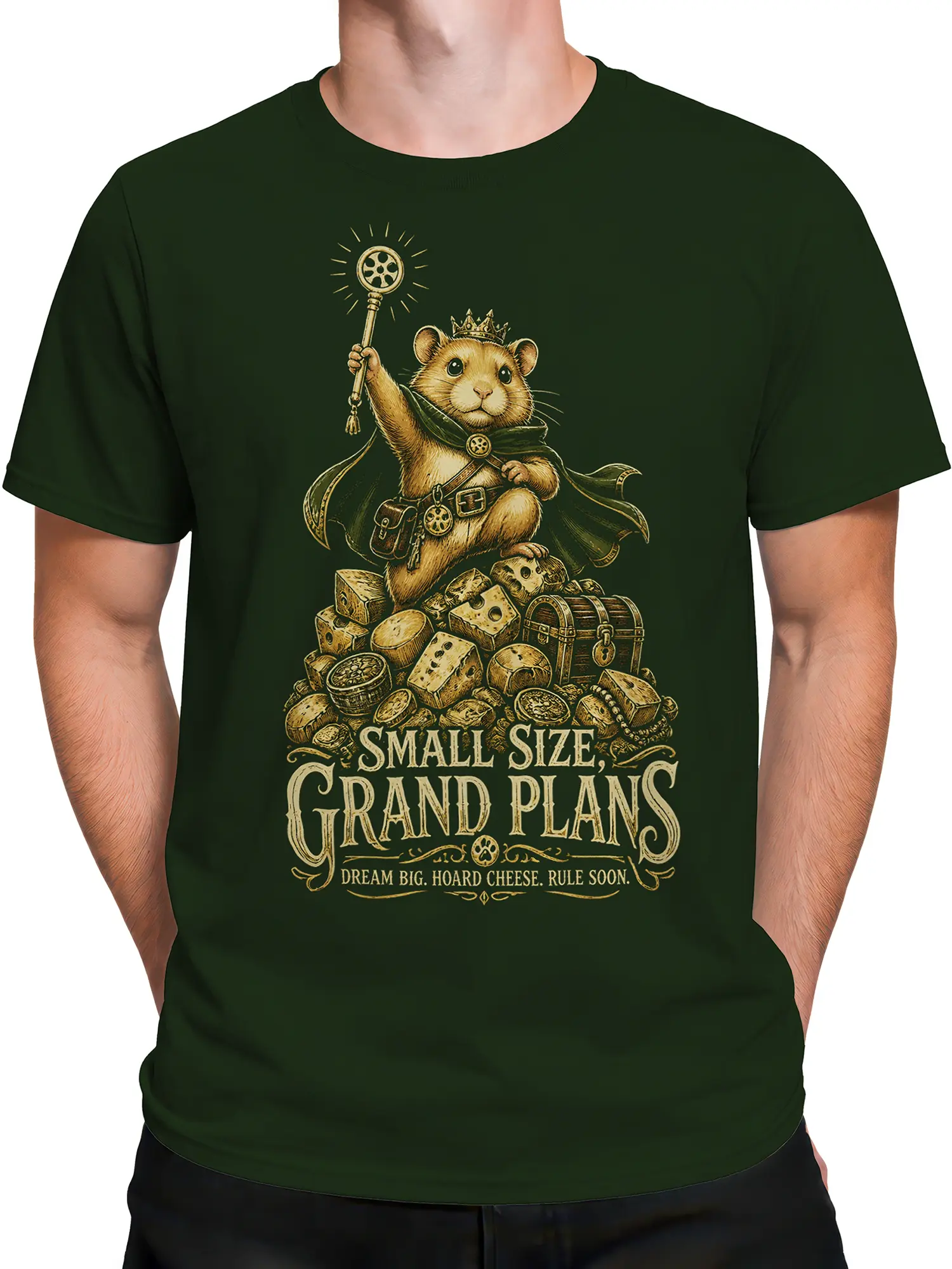 Male torso wearing dark green crowned mouse T-shirt with cheese, treasure, and vintage fantasy artwork