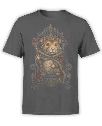 Crowned mouse seated on an ornate throne with a jeweled staff and cape on a gray T-shirt