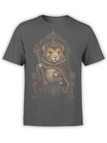 Crowned mouse seated on an ornate throne with a jeweled staff and cape on a gray T-shirt
