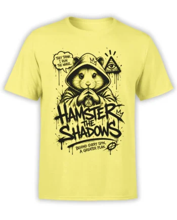 Hooded hamster graphic with pyramid eye and conspiracy lettering on a bright yellow T-shirt
