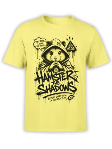 Hooded hamster graphic with pyramid eye and conspiracy lettering on a bright yellow T-shirt