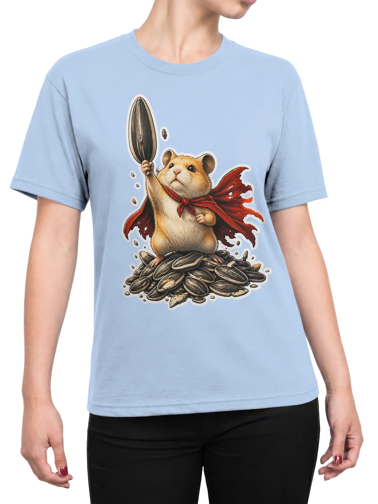 Female torso wearing a light blue T-shirt with a heroic hamster in a red cape