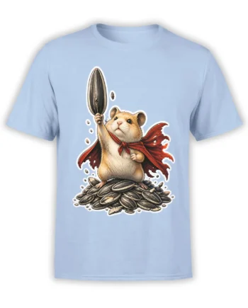 Heroic hamster in a red cape holding a sunflower seed on a light blue T-shirt