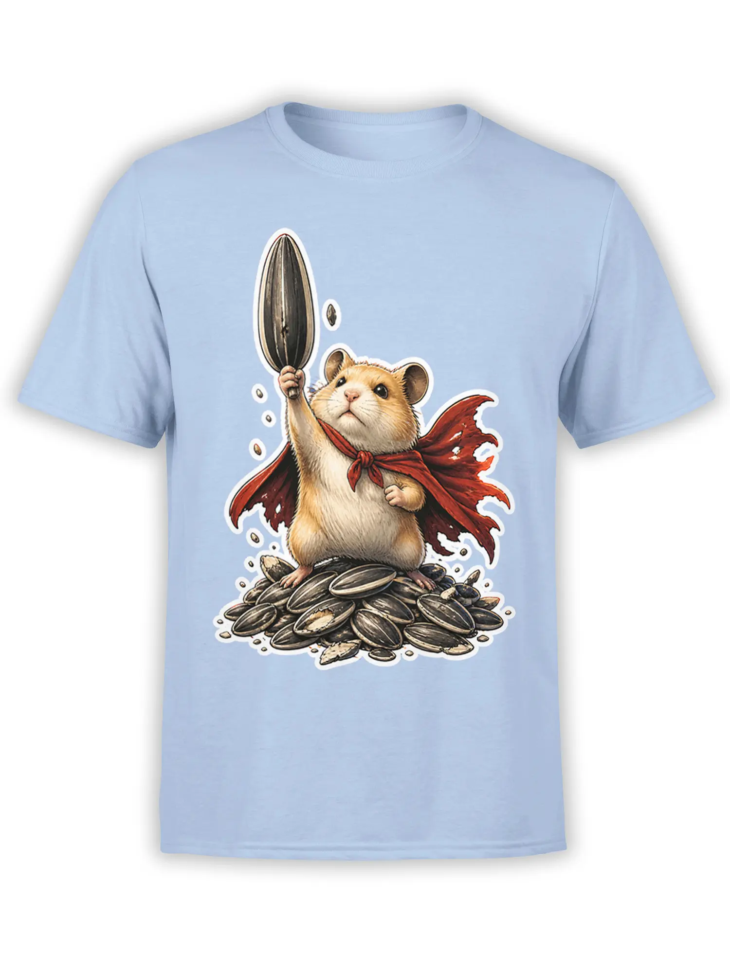 Heroic hamster in a red cape holding a sunflower seed on a light blue T-shirt