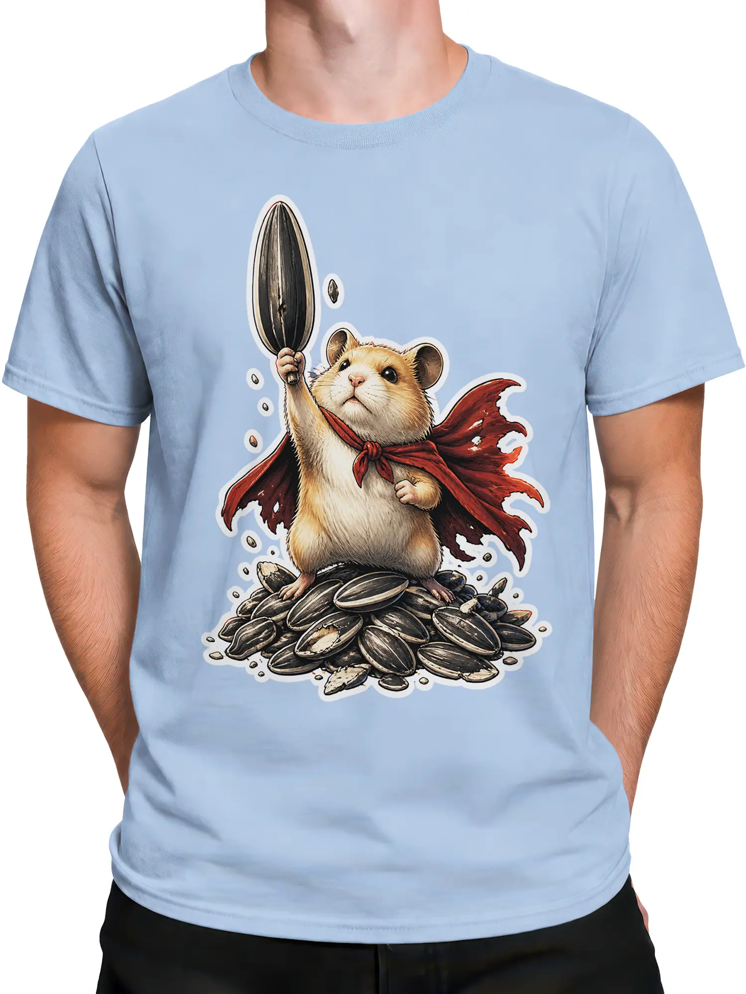 Male torso wearing a light blue T-shirt with a caped hamster and sunflower seeds