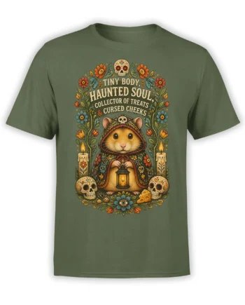 Hooded hamster graphic with lantern, floral skulls, candles, and haunted soul lettering on a green T-shirt