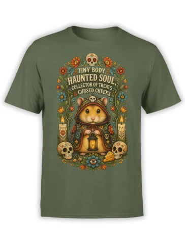 Hooded hamster graphic with lantern, floral skulls, candles, and haunted soul lettering on a green T-shirt
