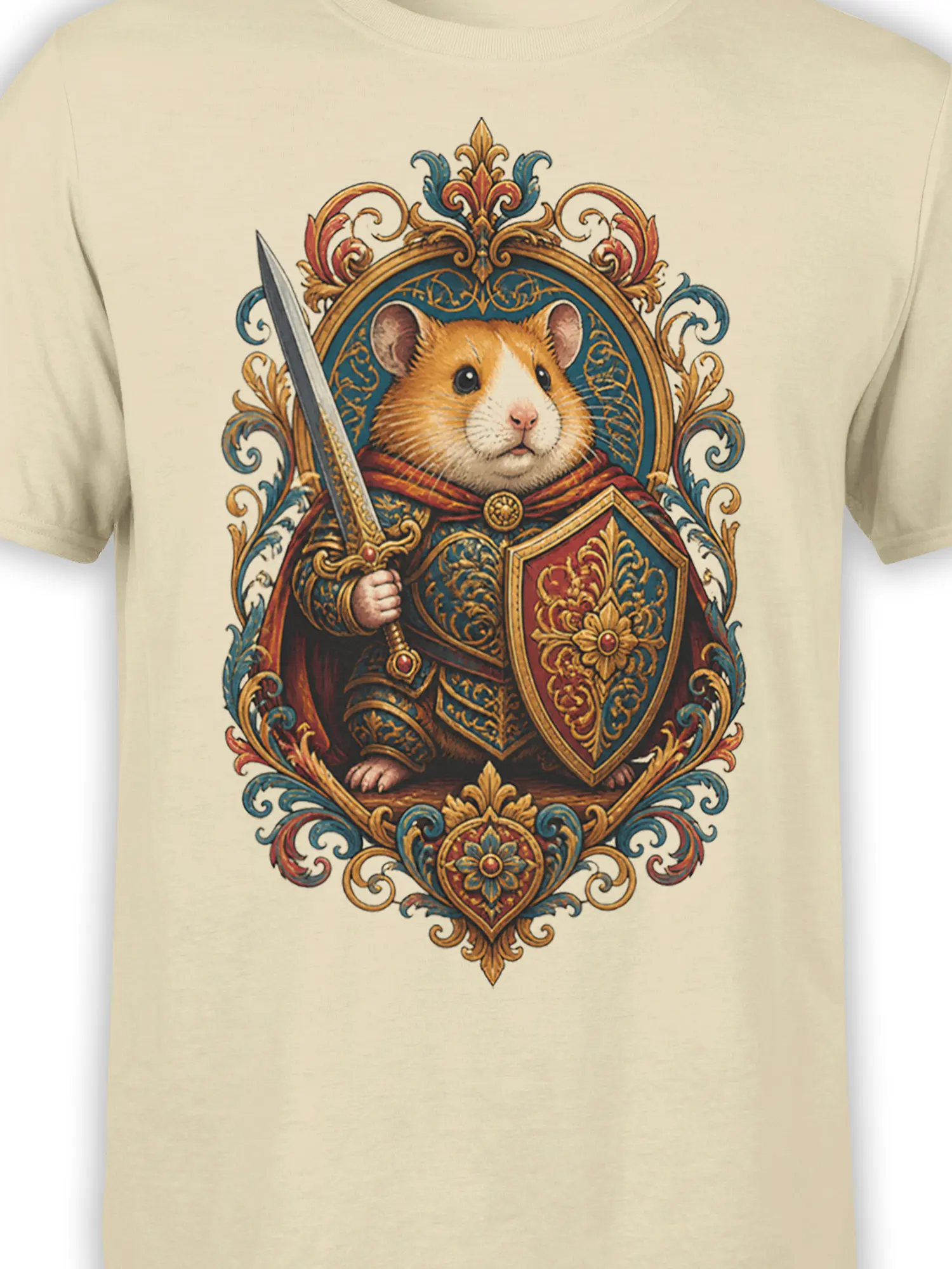 Close-up of armored hamster artwork with sword, shield, and colorful heraldic details on beige fabric