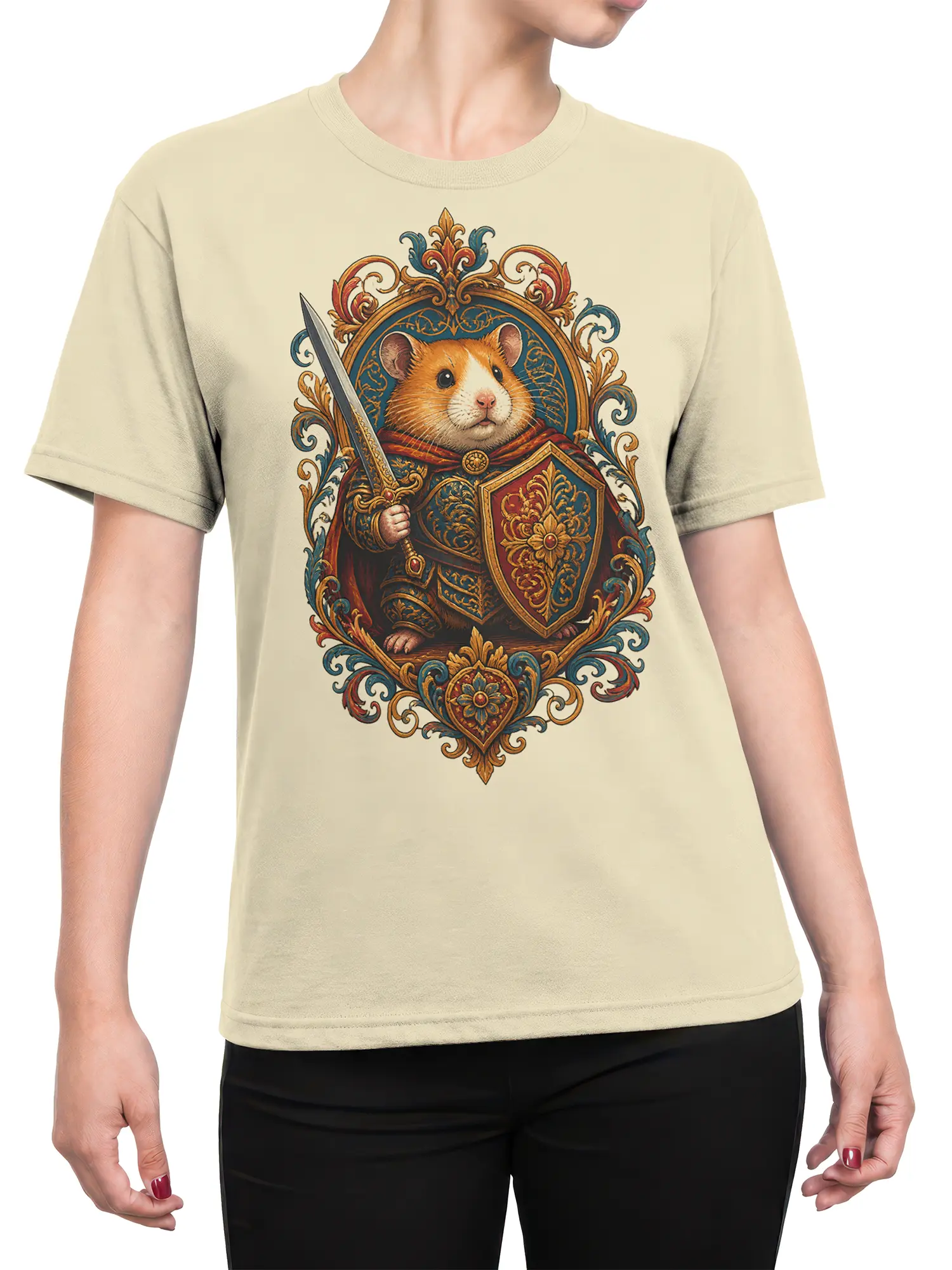 Female torso wearing a beige T-shirt with an ornate armored hamster, sword, and shield design