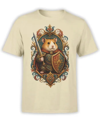 Armored orange-and-white hamster with sword and shield on a beige fantasy T-shirt