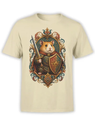 Armored orange-and-white hamster with sword and shield on a beige fantasy T-shirt