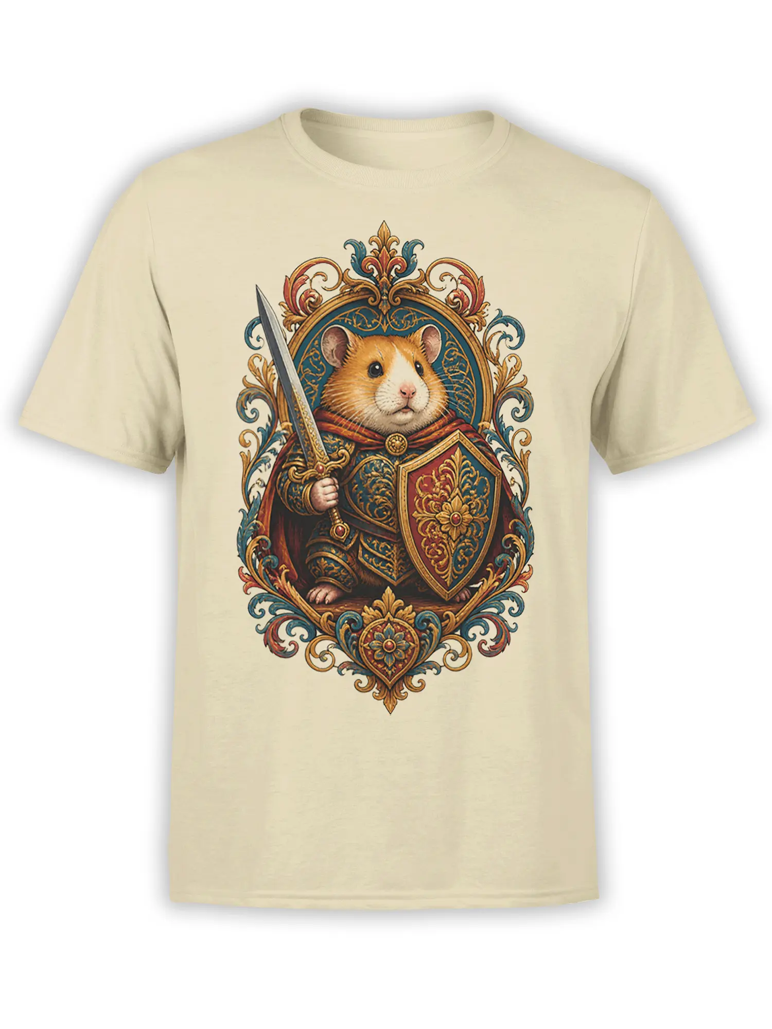 Armored orange-and-white hamster with sword and shield on a beige fantasy T-shirt