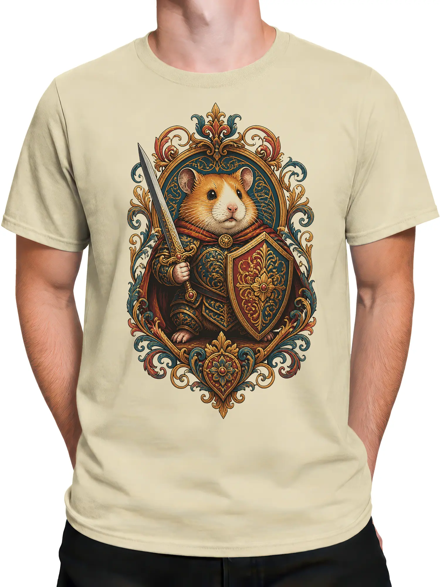 Male torso wearing a beige fantasy T-shirt with an armored hamster and heraldic shield