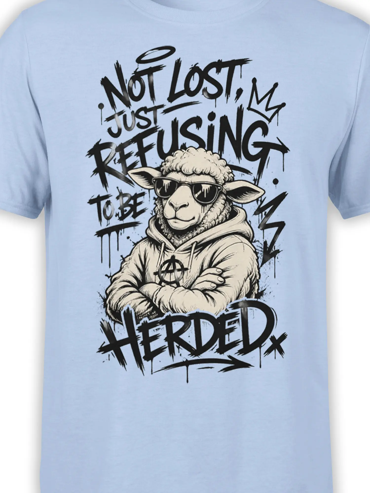Close-up of sheep in sunglasses, halo, hoodie, and bold black graffiti lettering on light blue fabric