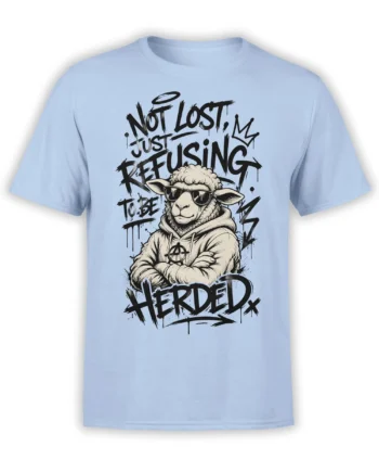 Rebellious sheep in sunglasses and hoodie with “Not Lost” graffiti lettering on a light blue T-shirt