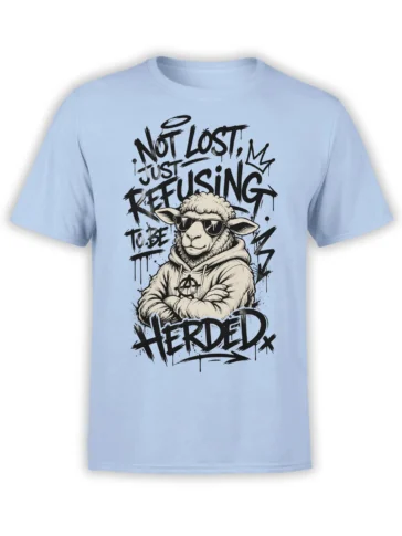 Rebellious sheep in sunglasses and hoodie with “Not Lost” graffiti lettering on a light blue T-shirt