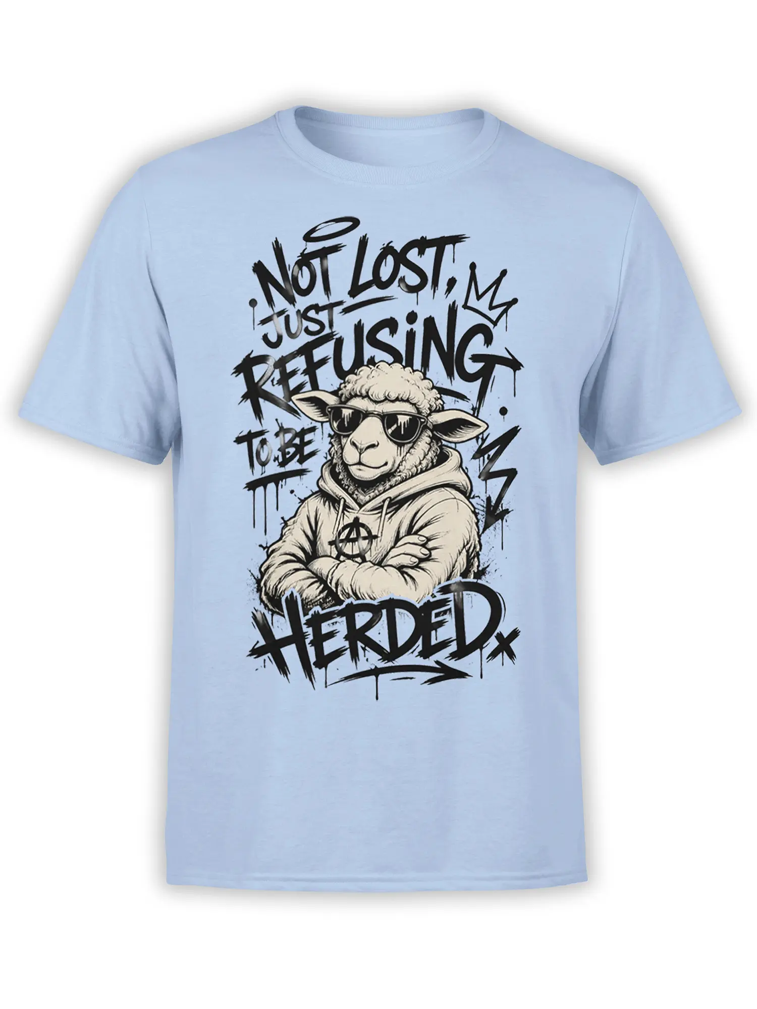 Rebellious sheep in sunglasses and hoodie with “Not Lost” graffiti lettering on a light blue T-shirt