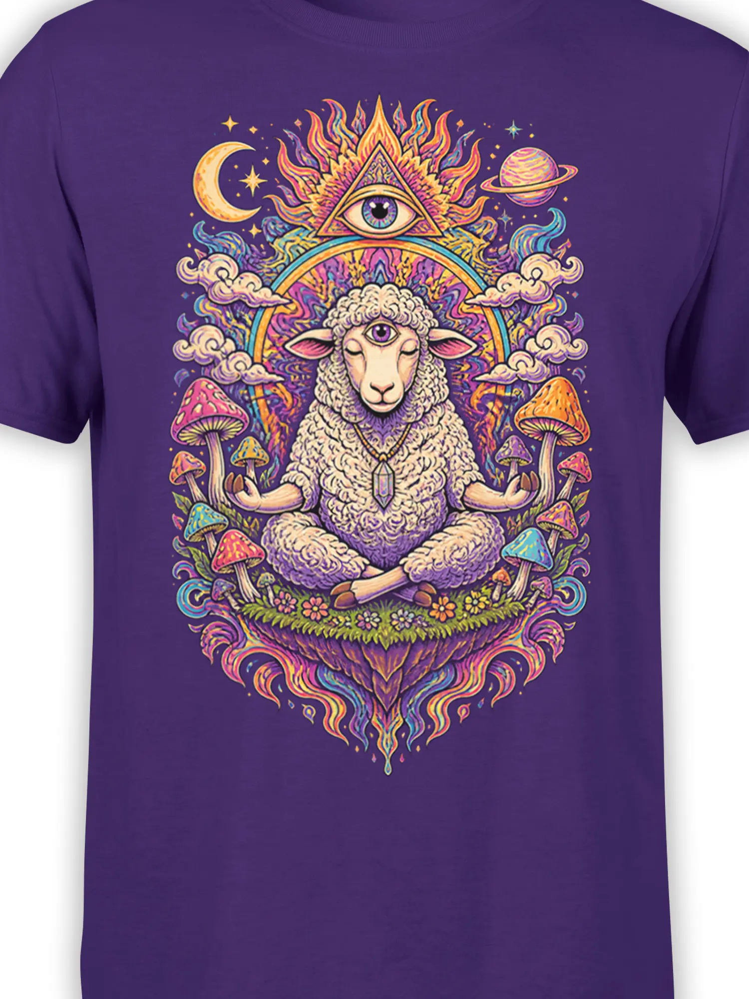 Close-up of meditating sheep fantasy artwork with a third eye, mushrooms, moon, and bright cosmic details