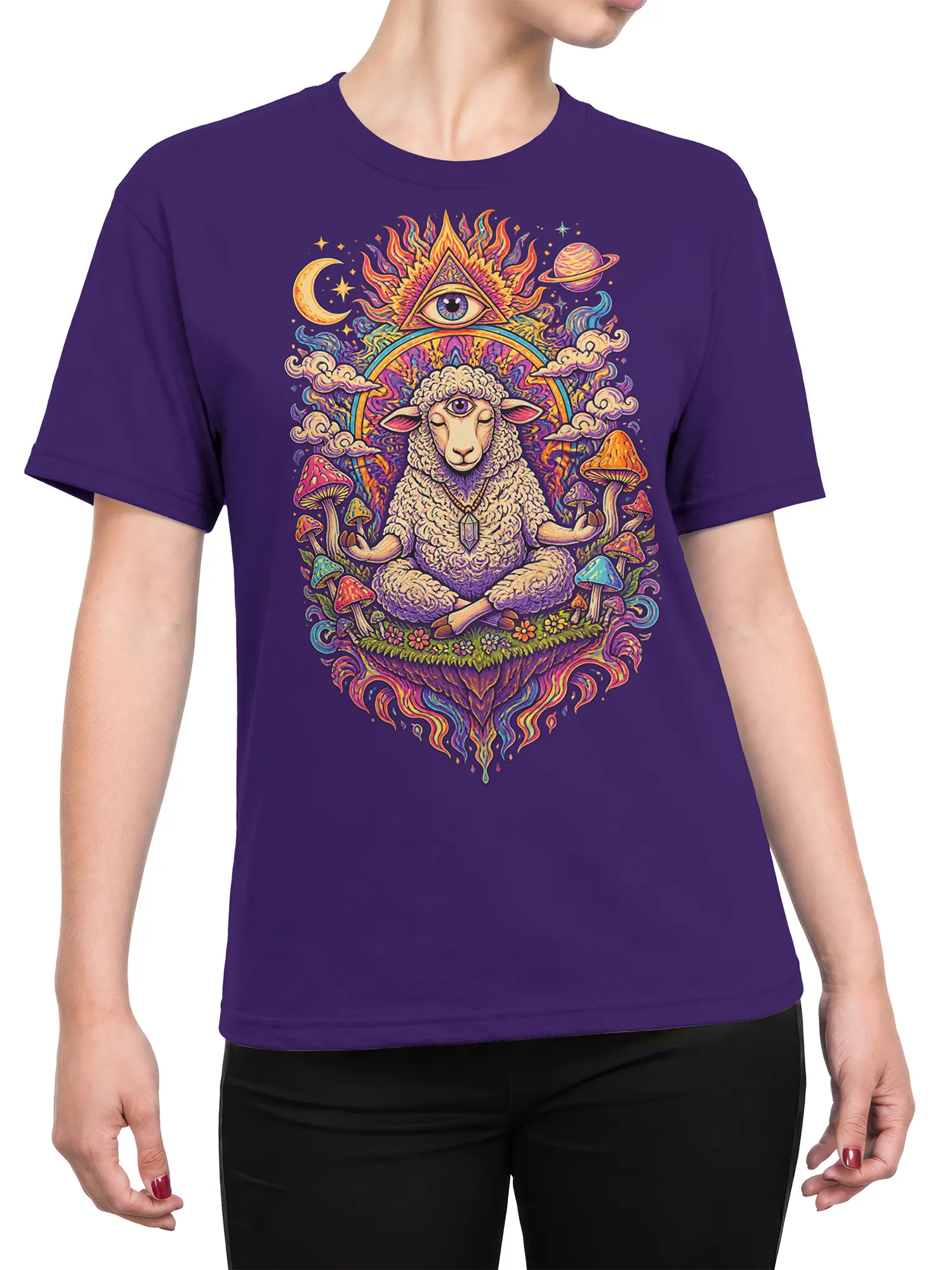 Female torso wearing a purple T-shirt with a colorful meditating sheep and mystical cosmic fantasy design