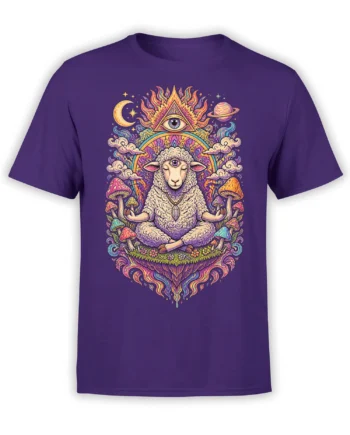 Purple T-shirt with a meditating sheep, third eye, mushrooms, crescent moon, and colorful cosmic artwork