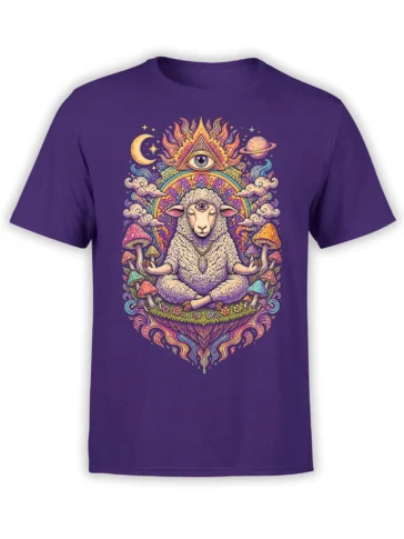 Purple T-shirt with a meditating sheep, third eye, mushrooms, crescent moon, and colorful cosmic artwork