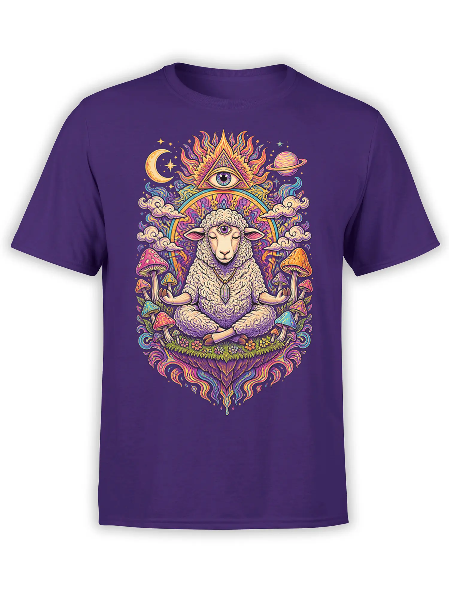 Purple T-shirt with a meditating sheep, third eye, mushrooms, crescent moon, and colorful cosmic artwork