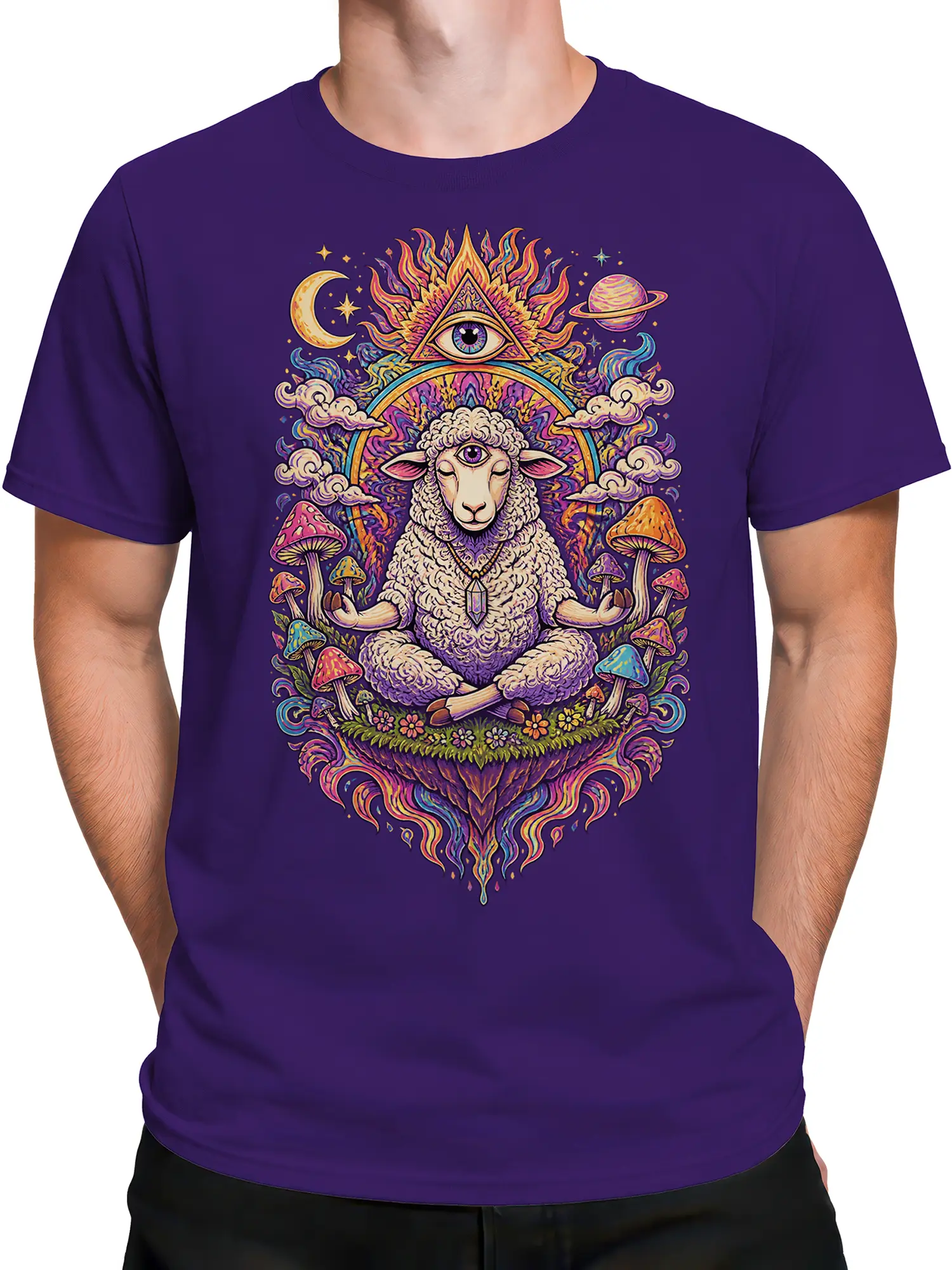 Male torso wearing a purple T-shirt with a meditating sheep, third eye, mushrooms, and cosmic fantasy artwork