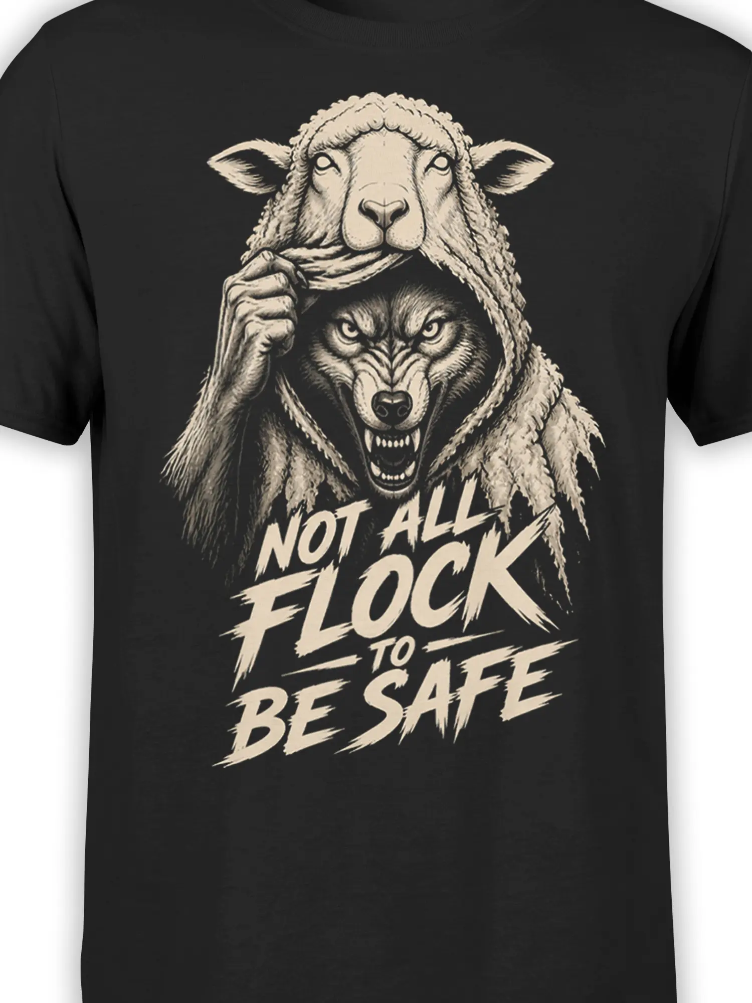 Close-up of snarling wolf and sheep hood artwork with cream lettering on a black T-shirt