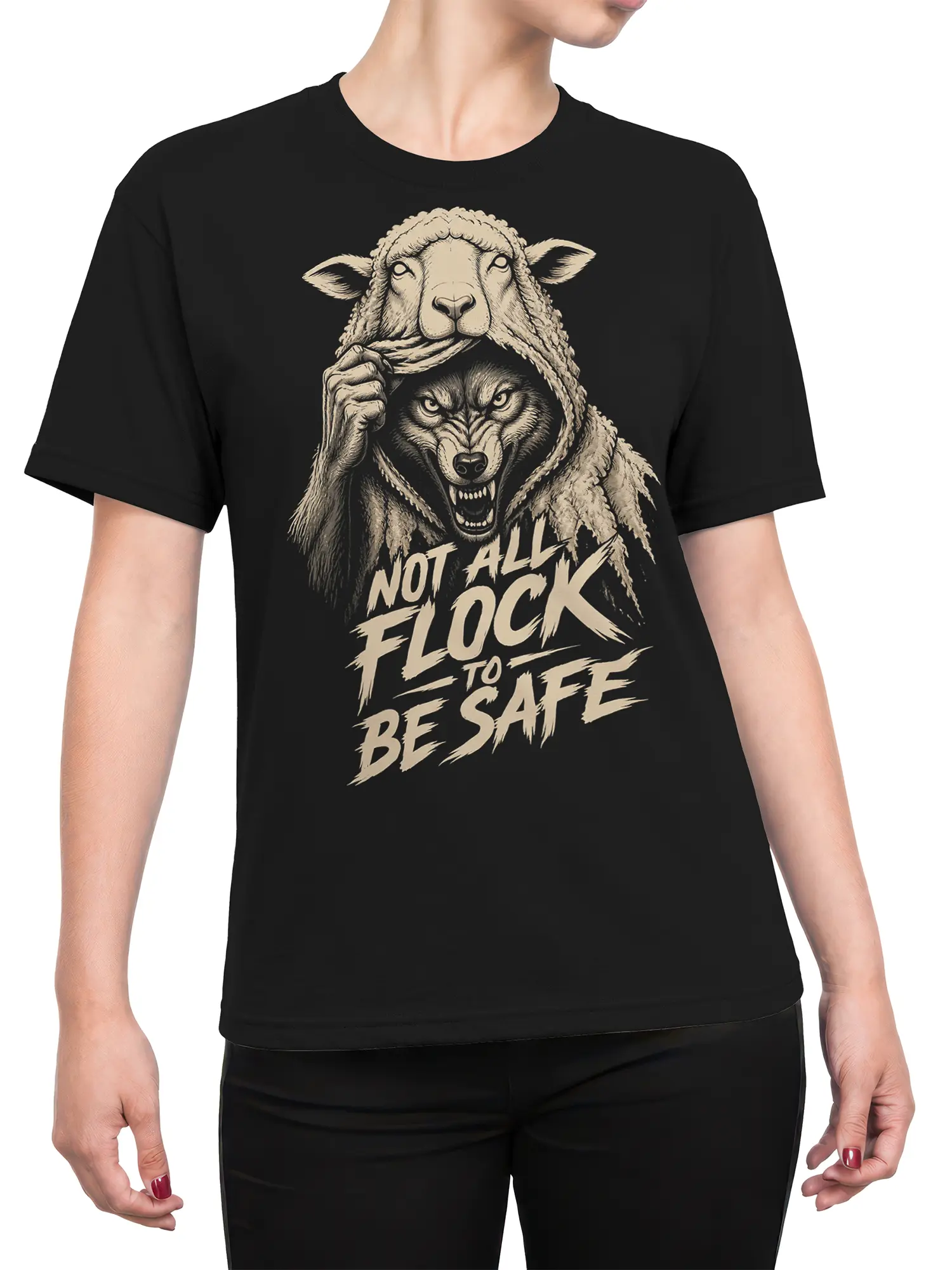 Female torso wearing a black wolf T-shirt with sheep hood artwork and bold flock slogan