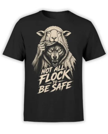 Black wolf t-shirt with a snarling wolf beneath a sheep hood and “NOT ALL FLOCK TO BE SAFE” lettering