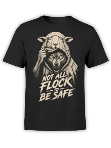 Black wolf t-shirt with a snarling wolf beneath a sheep hood and “NOT ALL FLOCK TO BE SAFE” lettering
