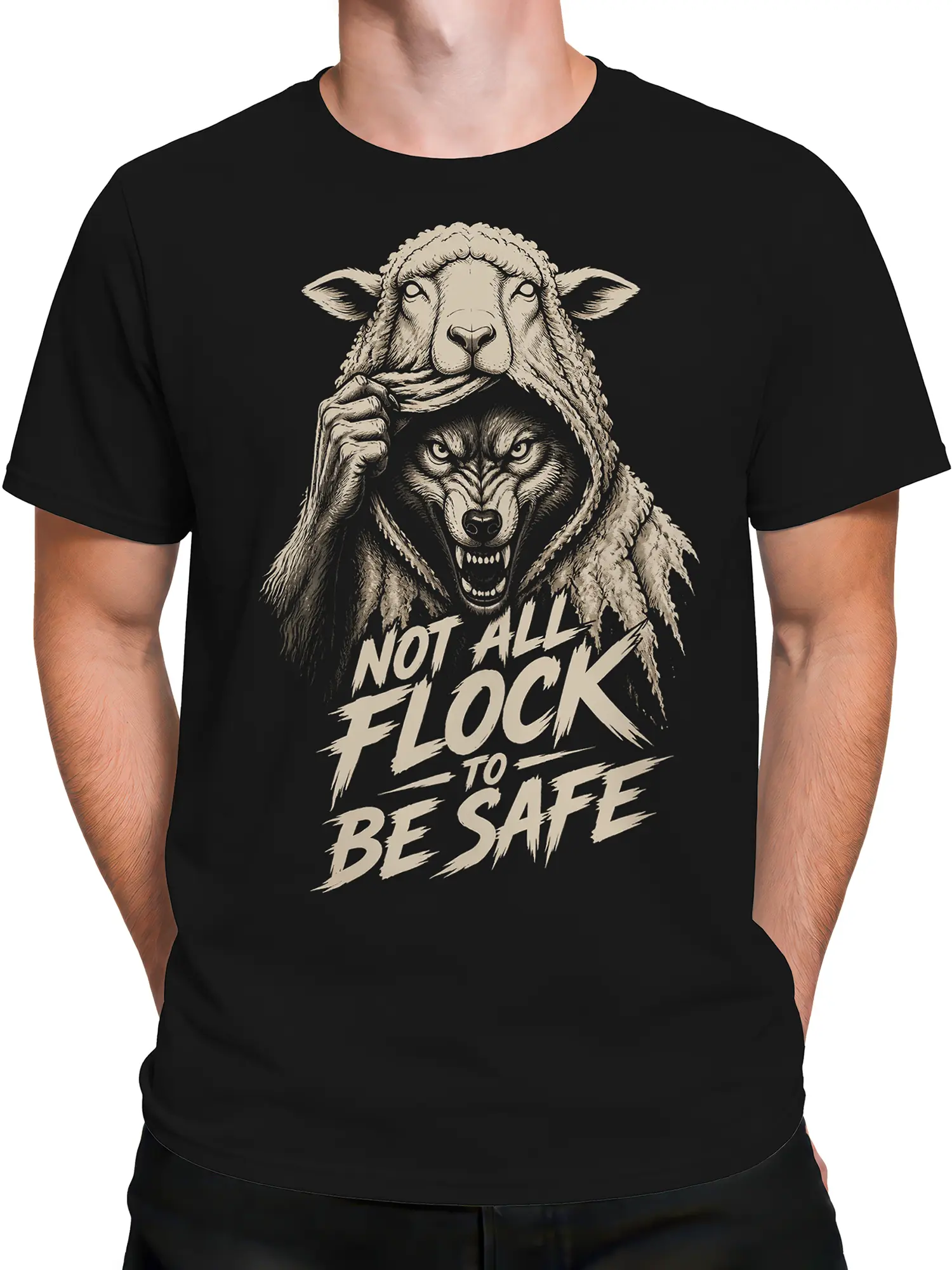 Male torso wearing a black wolf T-shirt with vintage sheep and wolf artwork