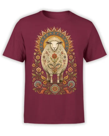 Calm sheep in a colorful floral mandala printed on a burgundy T-shirt with vintage folk-art styling