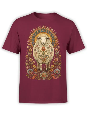Calm sheep in a colorful floral mandala printed on a burgundy T-shirt with vintage folk-art styling