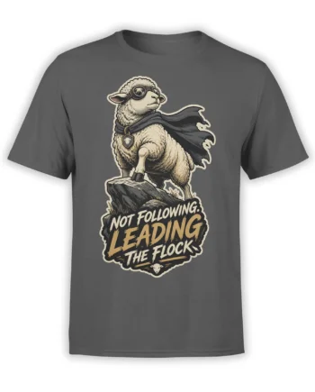 Gray sheep T-shirt with a goggle-wearing sheep in a cape and “Not Following. Leading the Flock” text