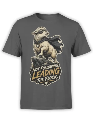 Gray sheep T-shirt with a goggle-wearing sheep in a cape and “Not Following. Leading the Flock” text