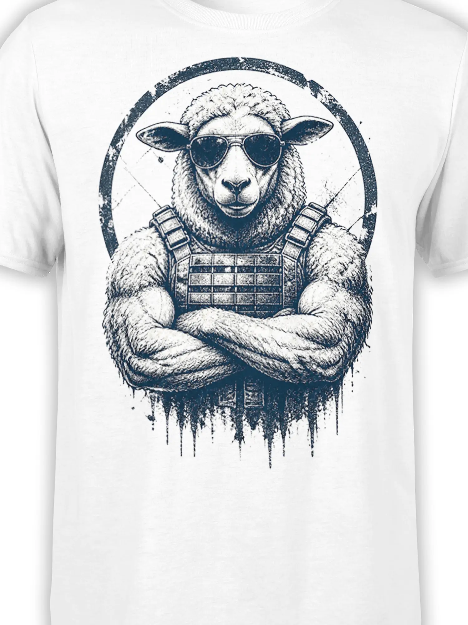 Close-up of the sunglasses-wearing sheep graphic with crossed arms and distressed navy details on a white tee