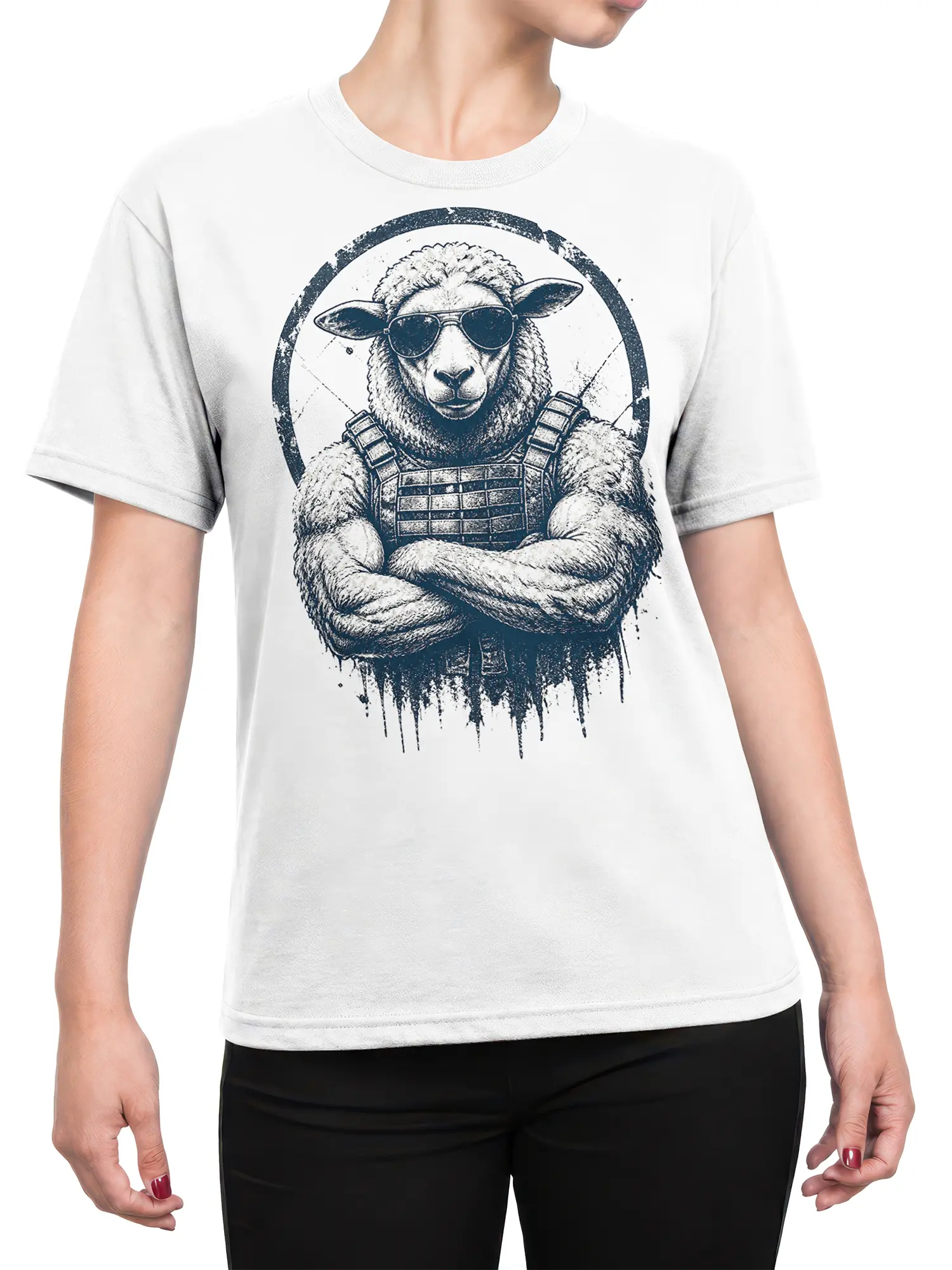 Female torso wearing a white sheep graphic tee with sunglasses, crossed arms, and vintage distressed navy artwork
