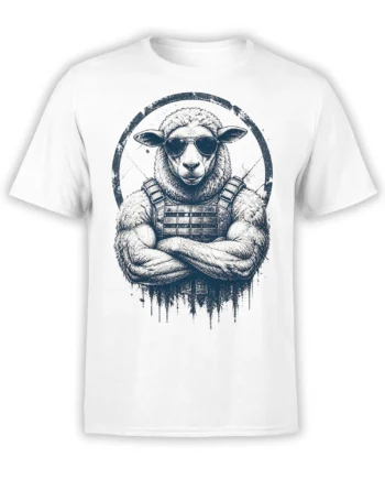 White sheep T-shirt with sunglasses, crossed arms, and a distressed navy tactical-style graphic