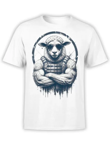 White sheep T-shirt with sunglasses, crossed arms, and a distressed navy tactical-style graphic